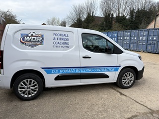The WDR Coaching van, which carries the equipment to outdoor sessions, signwritten with D S Ronald Building Contractor