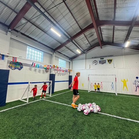 The full length of the indoor arena — astro pitch, goals at both ends, the pitched roof above and the flags of the world strung along the side
