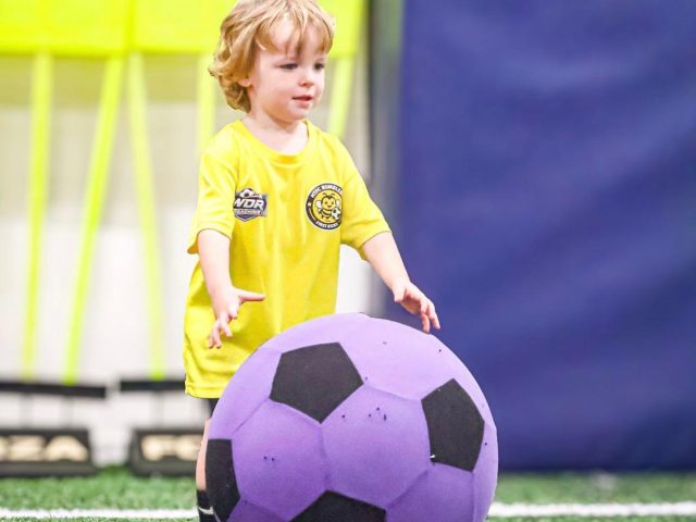 A toddler in a yellow HTFC Bumblebees First Kicks shirt reaching for an oversized purple football