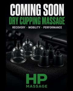 HP Massage poster reading “Coming soon — dry cupping massage. Recovery, mobility, performance”, showing a set of cupping cups on a black towel