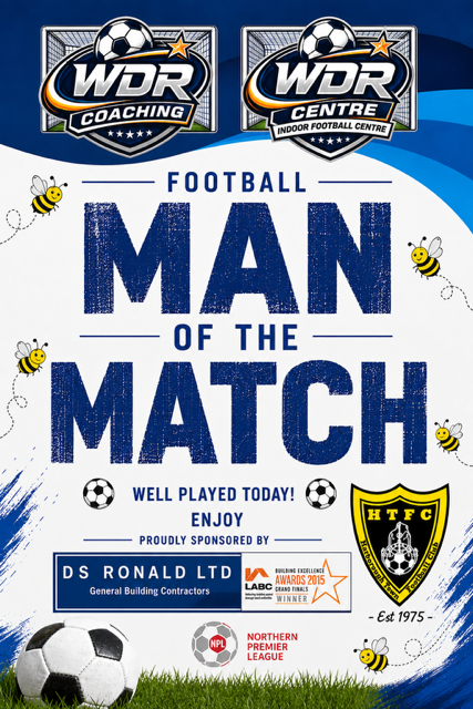 Harborough Town man of the match card, proudly sponsored by D S Ronald Ltd, carrying the WDR Coaching and WDR Centre marks