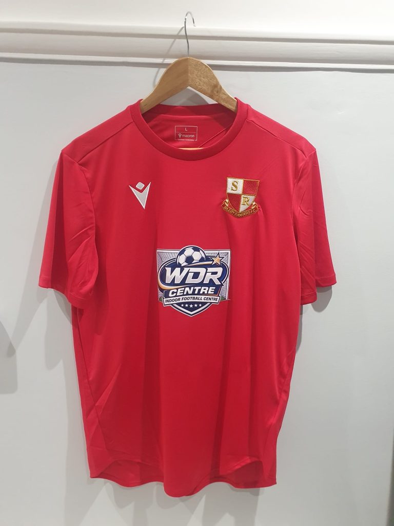 Northampton Sileby Rangers home shirt in red, carrying the WDR Centre indoor football centre badge